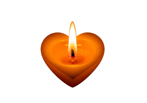 A warm orange heart-shaped candle, illuminated against a stark black backdrop, creates a tranquil and comforting atmosphere.