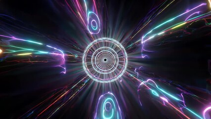 high quality vertical 4k vj tunnel animation featuring glowing neon threads swirling around circular rings designed for dj performances music video editing concert visuals modern looping - Powered by Adobe