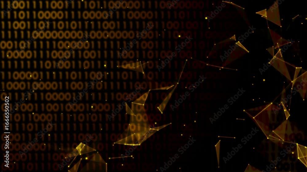 Wall mural yellow digital technology background with binary numbers and connecting network dots, lines animatio