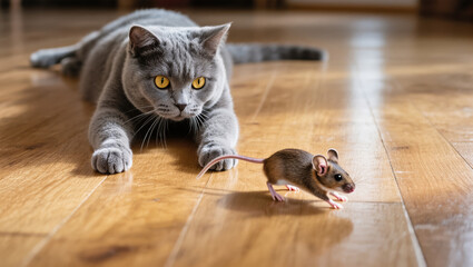 Curious gray cat stalking a small brown mouse on a shiny wooden floor, focused and ready to pounce in a playful or hunting moment.