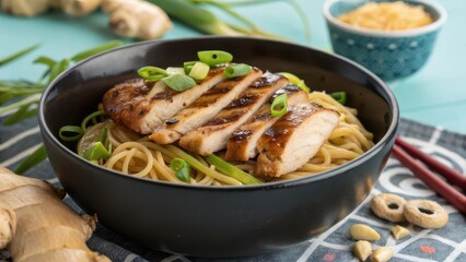 Fototapeta premium Grilled chicken with noodles in dark bowl for mock up design