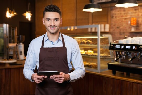 Smiling barista using tablet in coffee shop for order management and customer service