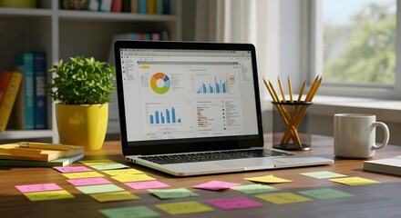 A laptop on a cluttered desk displays colorful graphs, surrounded by post-it notes, a plant, and office supplies, in a bright, organized workspace. AI Generated.