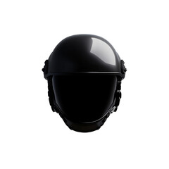 Fototapeta premium Sleek black futuristic helmet with visor front view on black background