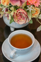 Hot tea on the dining table during lunch