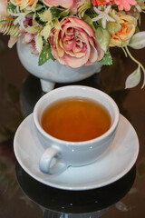 Hot tea on the dining table during lunch