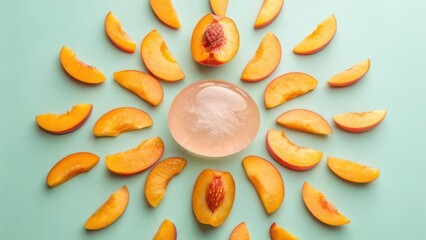 Fototapeta premium Peaches around soap on a blue backdrop for mock up design