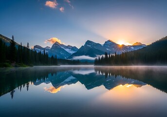 Misty mountain lake sunrise (1)