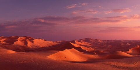 Naklejka premium Dramatic desert landscape at sunset with vibrant colors and rolling sand dunes under a pink sky