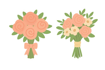 Flat vector illustration of two elegant bridal bouquets with peach roses, ivory flowers and green leaves.