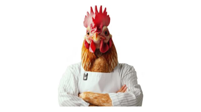 Chef with a rooster head in an transparent kitchen setting