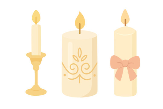 Flat vector illustration of three elegant wedding candles including decorative, tall in holder, and ribbon tied.