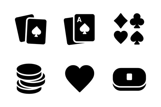 Playing card icons and poker chip symbols in bold black silhouette