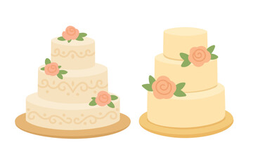 Flat vector illustration of elegant wedding cakes decorated with flowers and ornaments for celebration.