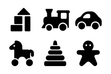 Silhouette icons of classic children's toys and playtime objects in black