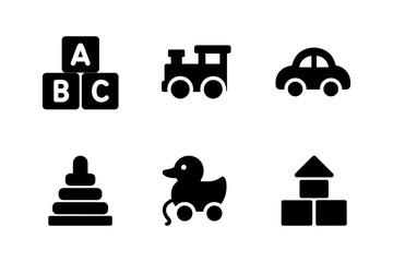 Silhouette toy icons: abc blocks, train, car, pyramid, duck, building blocks