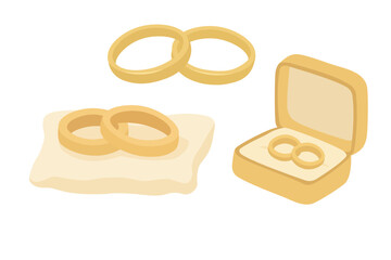 Flat vector illustration of golden wedding rings in different arrangements including pillow and jewelry box.