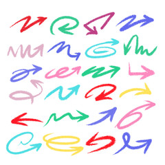 Big set of colorful crayon arrow doodles featuring hand-drawn sketch style arrows in multiple directions on white background