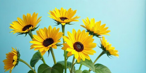Vibrant Yellow Sunflowers in a Cheerful Summer Bouquet Against a Light Blue Background