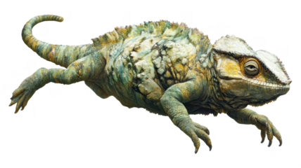 Colorful lizard with textured skin moves gracefully across transparent background