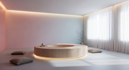 Modern minimalist meditation room with soft ambient lighting and circular seating