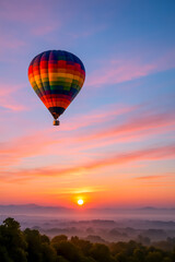 Fototapeta premium Colorful hot air balloon flying at sunrise over mountains
