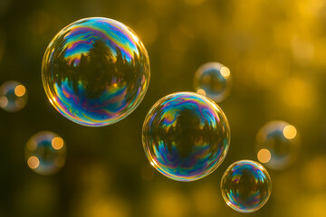 Naklejka premium Colorful soap bubbles floating in a sunlit atmosphere