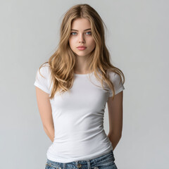 Obraz premium Against a bright white backdrop, a blonde woman models a blank white t-shirt, ideal for fashion templates and print-on-demand use.