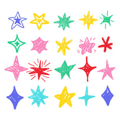 Big set of crayon star doodles featuring colorful sketch style sparkles, bursts, and star shapes on white background
