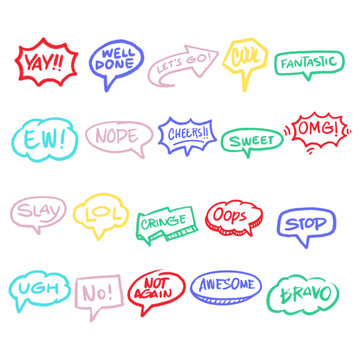 Big set of crayon speech bubble featuring colorful hand-drawn text like LOL, Oops, OMG, and Yay in sketch style on white background