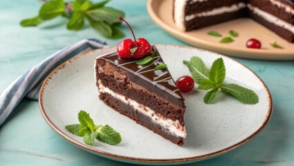 Slice of chocolate cake with cherries for mock up design