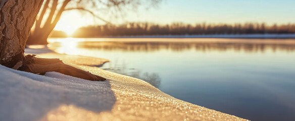 Beautiful winter landscape with a tree by the river at sunset
