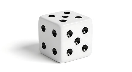 A single white six-sided gaming die with black pips, isolated on a clean background, symbolizing chance, decision-making, and the thrill of tabletop games and various leisure activities