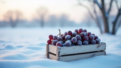 Crate of red grapes in snowy field during winter