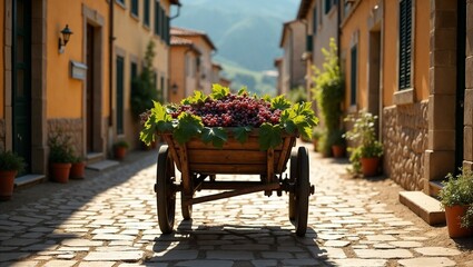 Wooden cart with grapes in cobbled street of village