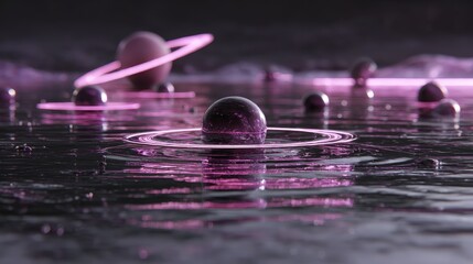 Celestial Spheres: An artistic visualization of celestial bodies and planetary rings float on a reflective surface, blending science and design with soft lighting