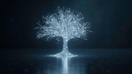 Abstract tree made of light and data glowing white and silver particles branching out and reflecting with earth