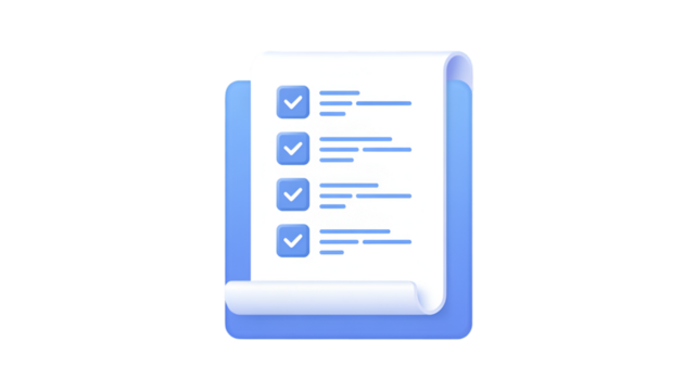 3D checklist with blue checkmarks on transparent background