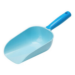Light blue plastic scoop with a bright blue handle, isolated on a transparent background, perfect for various uses like gardening, pet food, or kitchen tasks