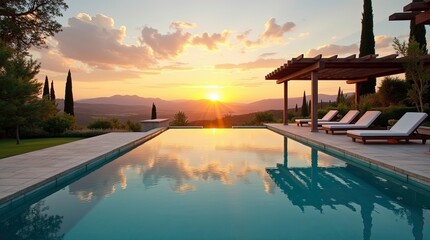 Obraz na płótnie Canvas A breathtaking view of sunset ocean view modern cliffside home infinity pool.