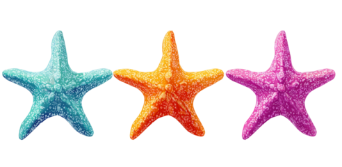3 colorful starfish, isolated on a white background