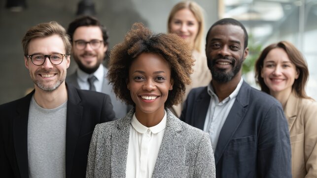 Business Team Smiling Confidently: Group of business professional with smiling faces showcasing diversity and confidence, capturing the essence of teamwork and success.