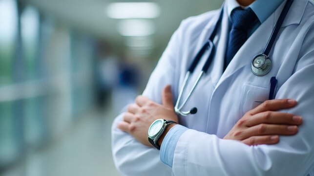 The Doctor's Assurance: A close-up view of a medical doctor in a pristine white coat with a stethoscope, arms crossed, looking on with a serene face, set within a hospital corridor.