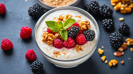 Minimalist top view of a macro-balanced greek yogurt bowl with fresh berries and walnuts. Concept of a healthy, high-protein breakfast for clean eating, wellness, and a fitness diet.