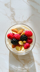 Top view of a healthy breakfast bowl with yogurt and fresh berries on a marble table, a minimalist meal for a Noom diet. Concept of clean eating, wellness and mindful weight loss.