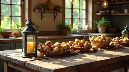 Rustic kitchen table bathed in sunlight features freshly harvested potatoes in woven baskets, complemented by a lantern with a warm candle glow.