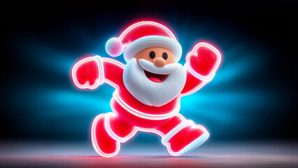 Neon Santa Claus with blue light running on black background. Santa with neon light. Merry Christmas
