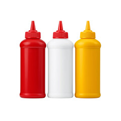  3 plastic ketchup bottles, red, yellow, and white, isolated on the background. 