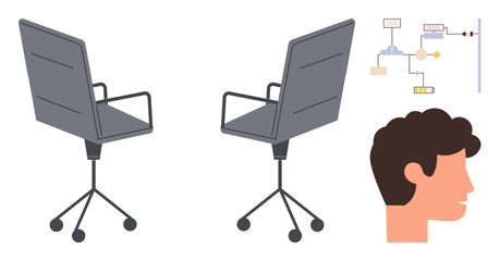 Fototapeta premium Rotating office chairs, modular flowchart elements, and human side profile conveying decision-making, collaboration, organization. Ideal for brainstorming, teamwork, planning, workflow productivity
