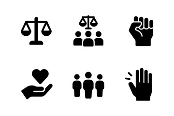 Justice and community icons: unity, equality, and support in bold silhouette design